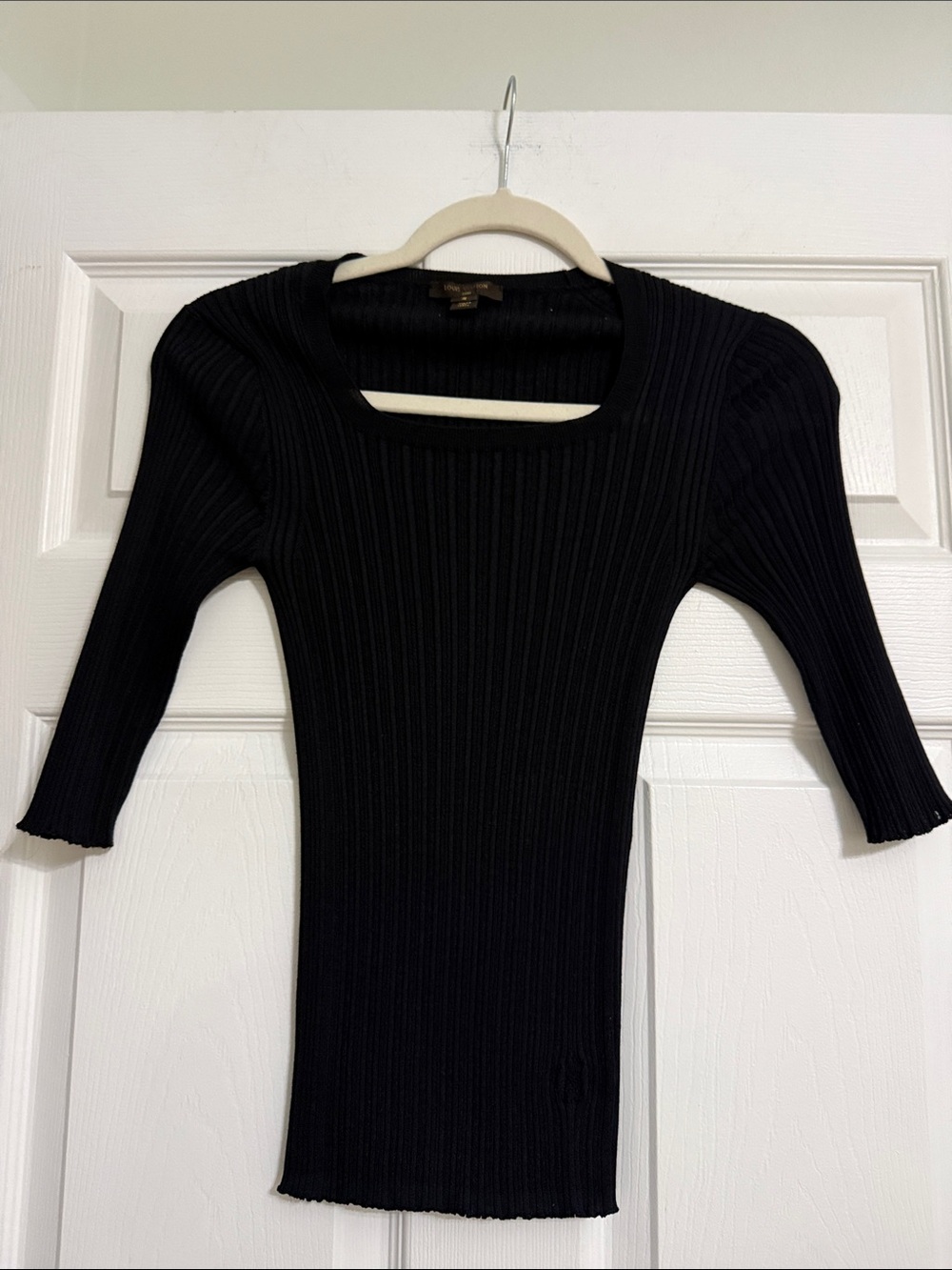 Louis Vuitton Black Ribbed Knit Top with Gold Label